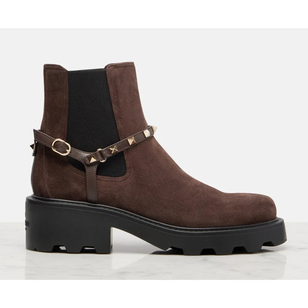 Valentino Rockstud Beatle Brown Suede 55mm Short Ankle Flat Chelsea Boot 38.5